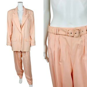 Vintage 90s Suit Set Women's 14/16 Solid Peach Jacket High Waisted Pants